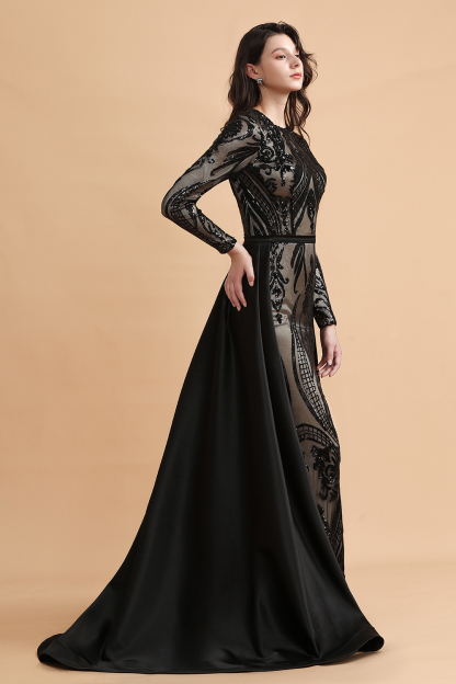 BMbridal Elegant Jewel Sequined Mermaid Prom Dresses Long Sleeves Appliques Party Dress with Overskirt-BMbridal
