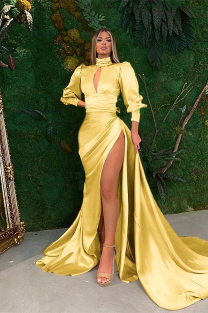 Stunning Mermaid Long Sleeves Pleated Prom Dress High Neck With Side Split
