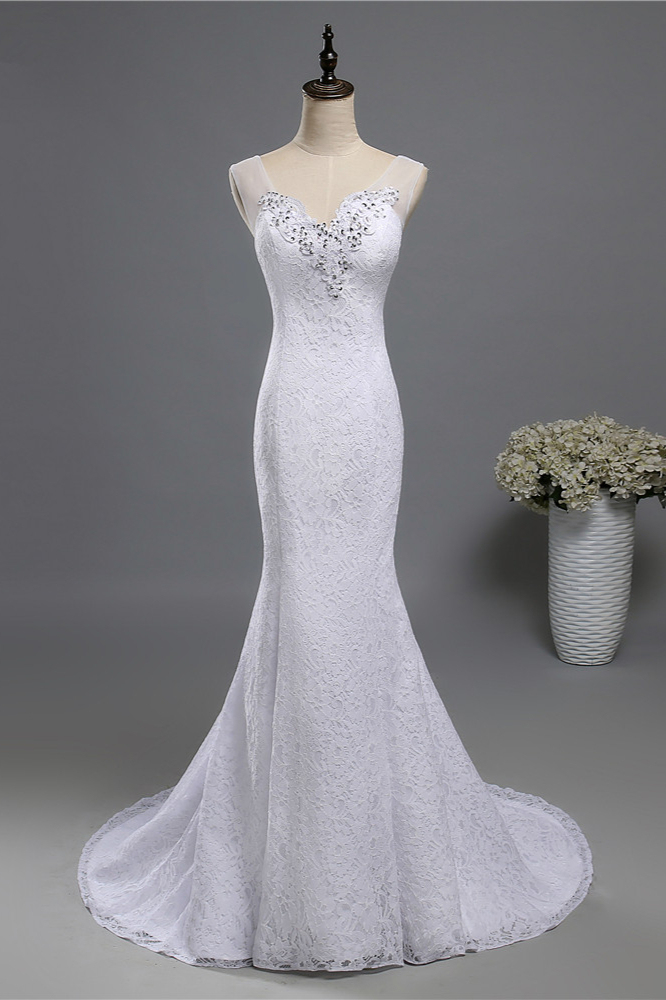 BMbridal Stylish V-Neck White Lace Mermaid Wedding Dress Appliques Sleeveless Sequins Bridal Gowns