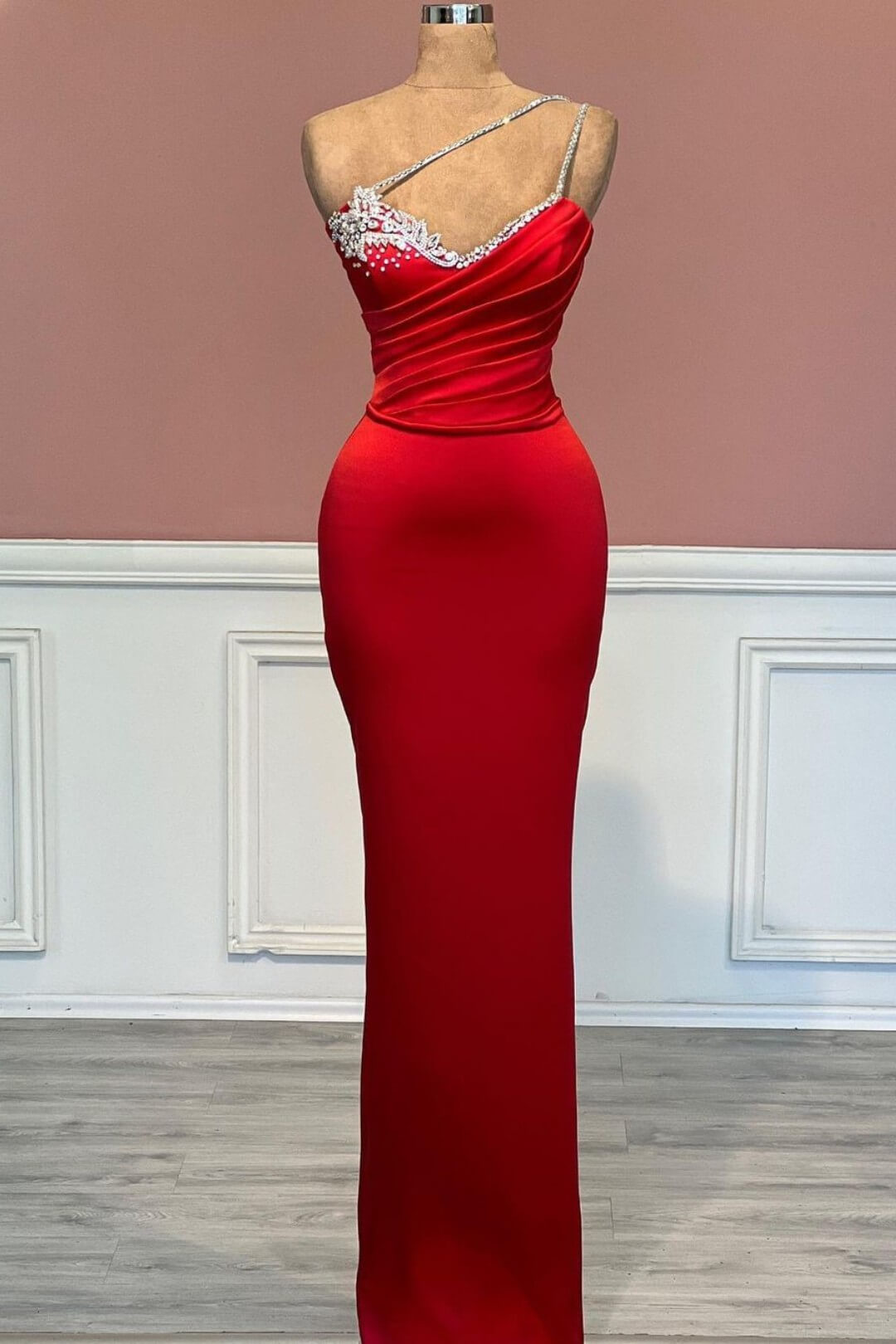 Modern One Shoulder Red Mermaid Prom Dress Long With Beadings