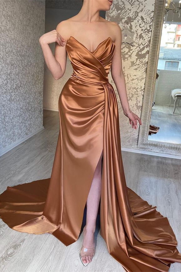 Bmbridal Gold Mermiad Sweetheart Ruffles Prom Dress with Split