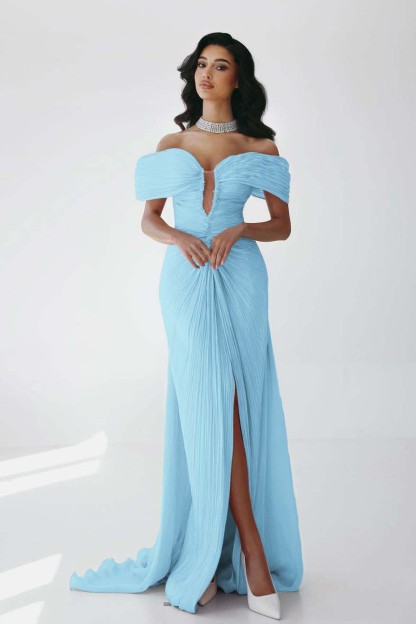 Off the Shoulder Sleeveless Long Mermaid Prom Dress With Ruffles Pleated