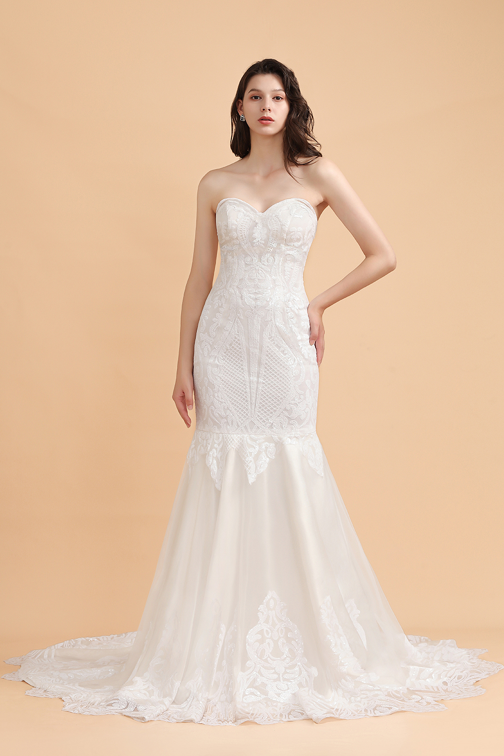 BMbridal Chic Strapless Sweetheart Ivory Mermaid Prom Dresses Sleeveless Appliques Sequined Evening Dresses On Sale-BMbridal