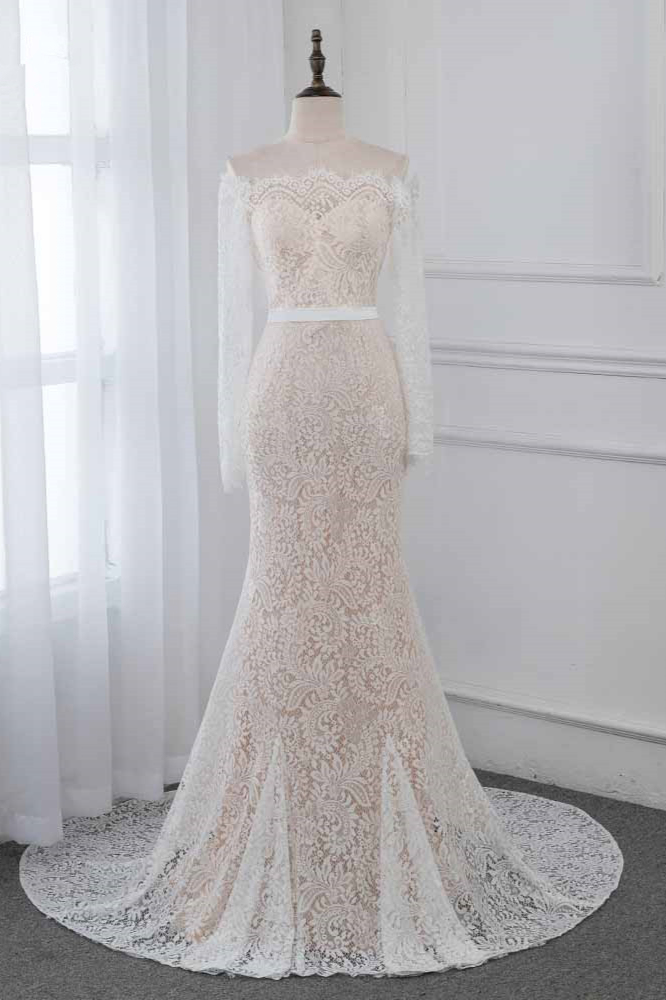 BMbridal Boho Off-the-Shoulder Champagne Wedding Dresses Long Sleeves Mermaid Appliques Bridal Gowns