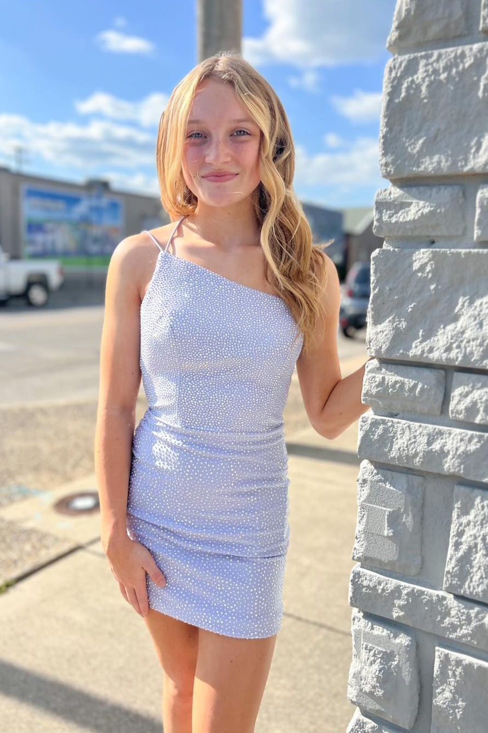 Sparkly Lilac Beaded One Shoulder Sequins Tight Homecoming Dress-BMbridal