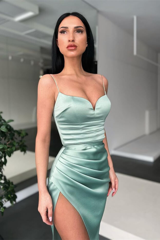 Bmbridal Dusty Sage Spaghetti-Straps Prom Dress Mermaid Long With Split