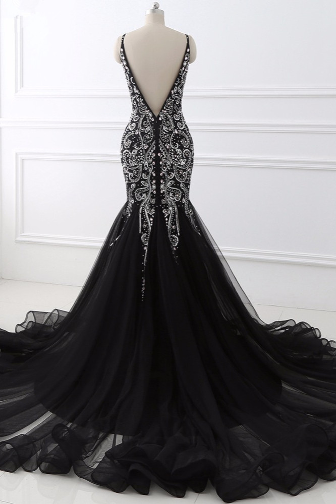 BMbridal Gorgeous Spaghetti Straps Black Mermaid Prom Dresses with Rhinestones Online