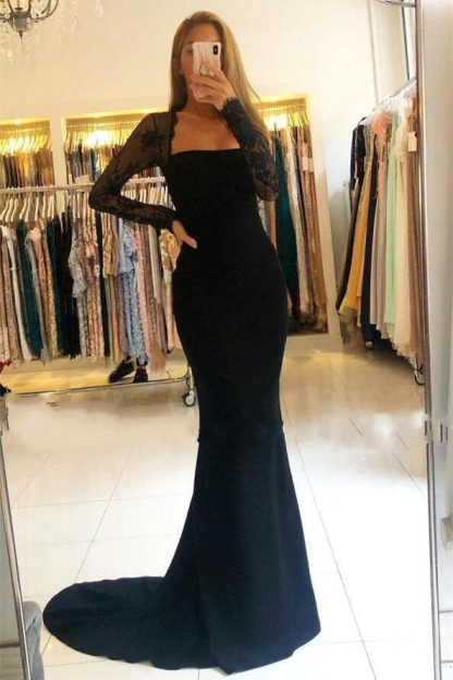 Bmbridal Black Mermiad Long Sleeves Ruffles Prom Dress with Lace