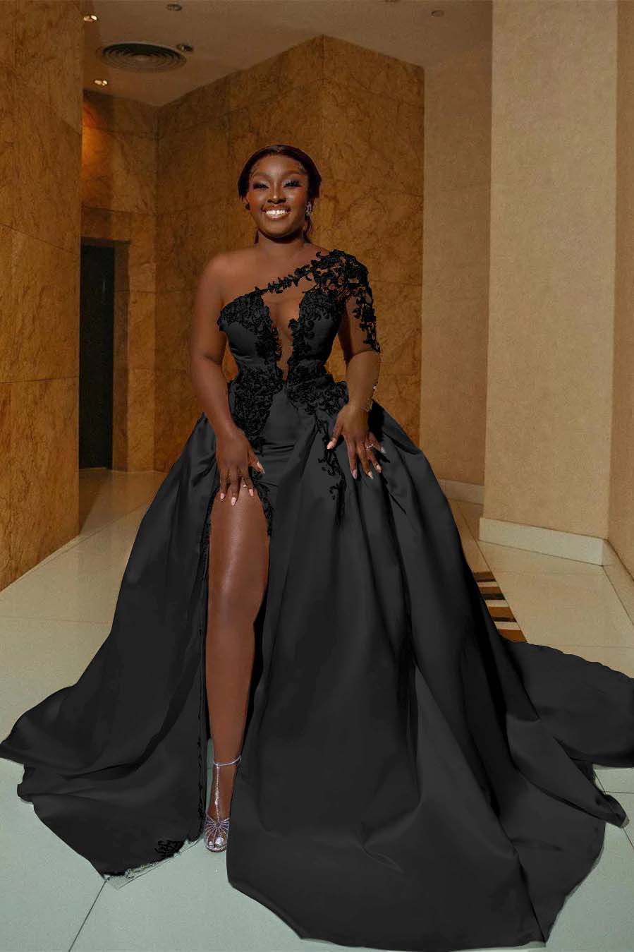 One Shoulder Sleeveless Long Split Prom Dress With Appliques