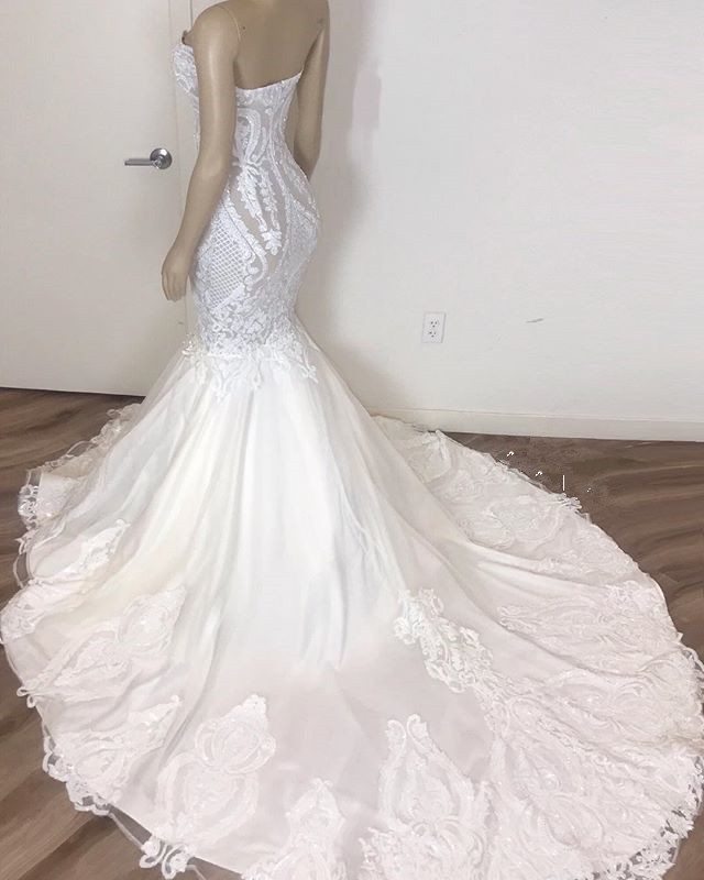 BMbridal Gorgeous Sweetheart Mermaid Lace Wedding Dresses White Ruffles Bridal Gowns With Appliques On Sale-BMbridal