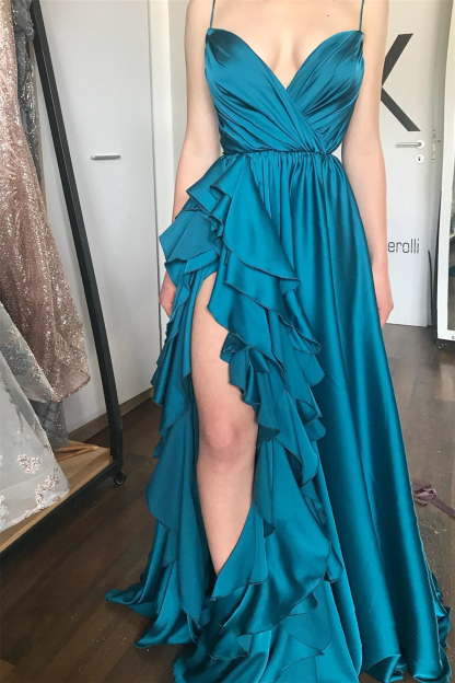 Ink Blue Spaghetti-Straps Sleeveless Prom Dress Slit Long With Ruffles