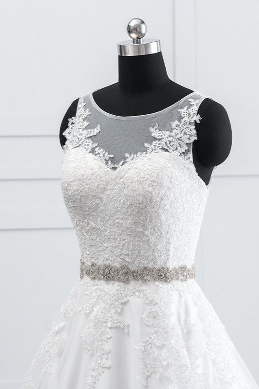 BMbridal Simple Jewel Tulle Lace Wedding Dress A-Line Appliques Beadings Bridal Gowns with Sash Online-BMbridal