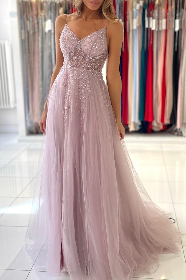 BMbridal Spaghetti-Straps Long Prom Dress Sleeveless Tulle With Beadings