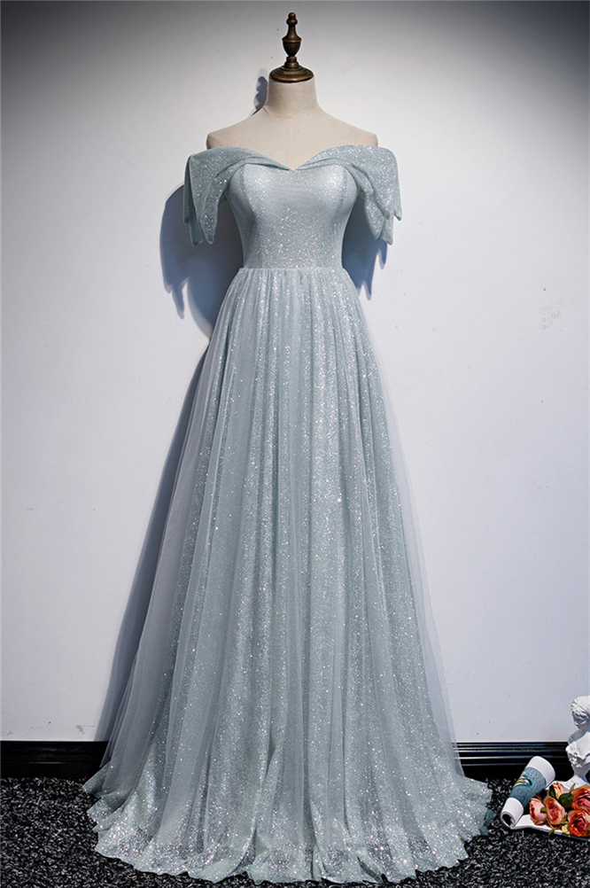 BMbridal Sparkly Sequined Off-the-Shoulder Ruffles Prom Dresses with Short Sleeves