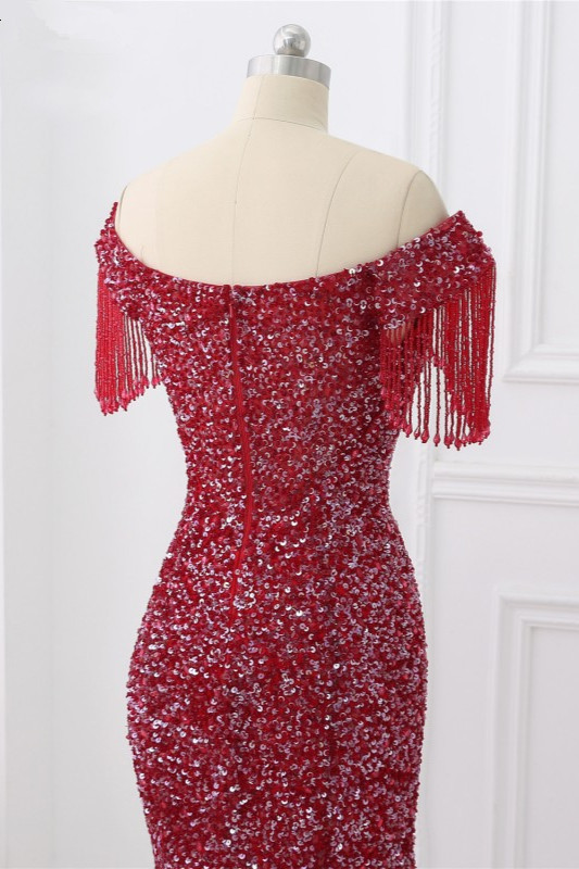 BMbridal Luxury Off-the-Shoulder Sequins Burgundy Mermaid Prom Dresses with Tassels