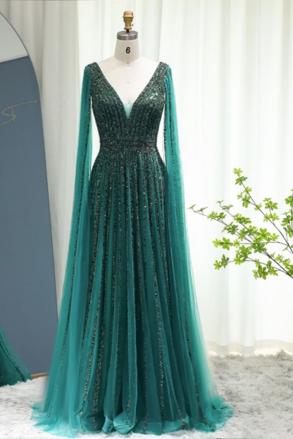 Bmbridal Peacock Tulle V-Neck Sleeveless Floor-Length Prom Dresses with Beadings