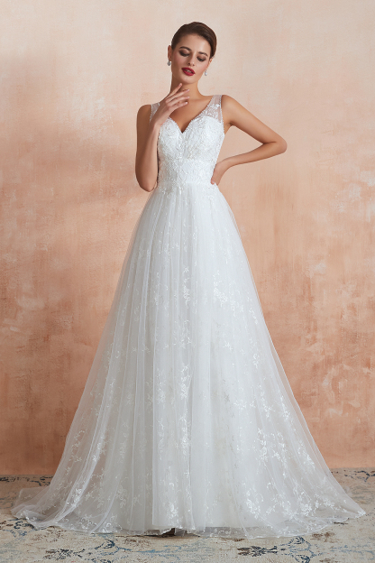 BMbridal Affordable V-Neck Tulle Lace Long White Wedding Dresses Online