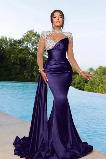 Bmbridal Purple Long Sleeves Evening Gown Mermaid Ruffle With Crystals