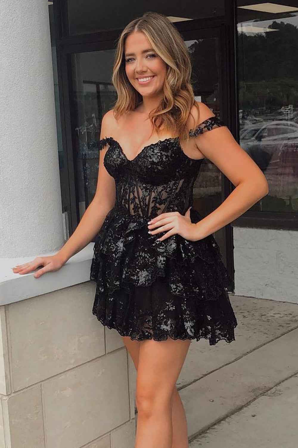 Unique A Line Off the Shoulder Red Corset Homecoming Dress with Ruffles