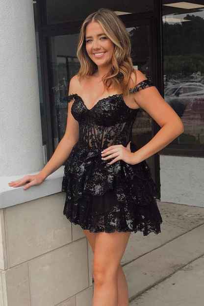 Unique A Line Off the Shoulder Red Corset Homecoming Dress with Ruffles