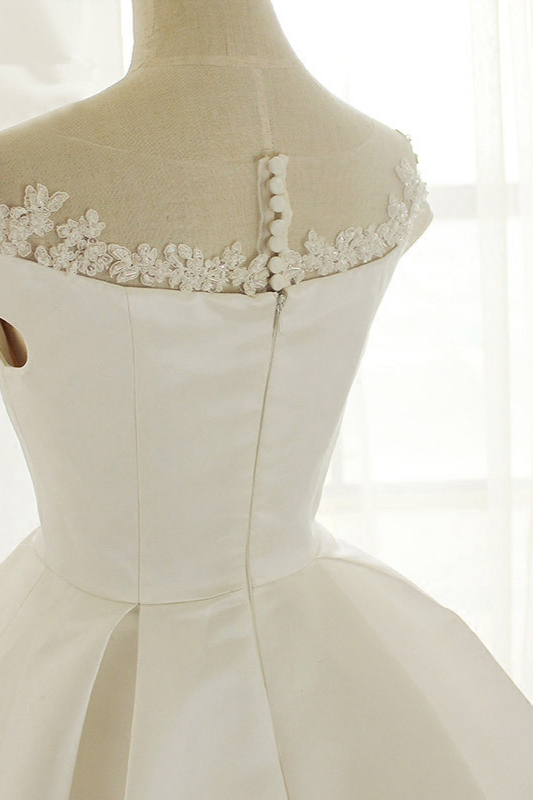 BMbridal Simple A-Line Satin Jewel Ruffle Wedding Dress Tulle Lace Appliques Sleeveless Bridal Gowns On Sale-BMbridal