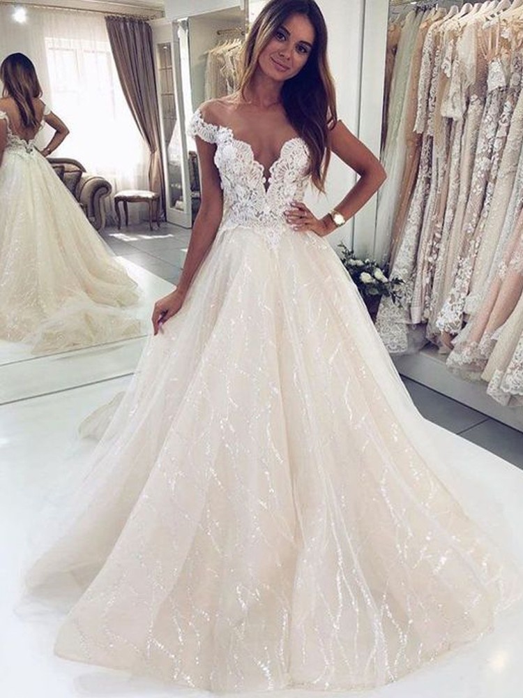 Gorgeous A-Line Tulle Open Back Long Wedding Dress with Off-the-Shoulder