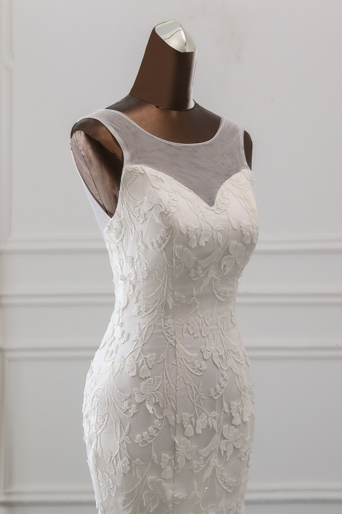 BMbridal Popular Jewel Sleeveless White Mermaid Wedding Dresses with Appliques