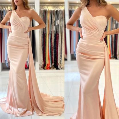 Bmbridal One Shoulder Mermaid Prom Dress Long With Ruffles