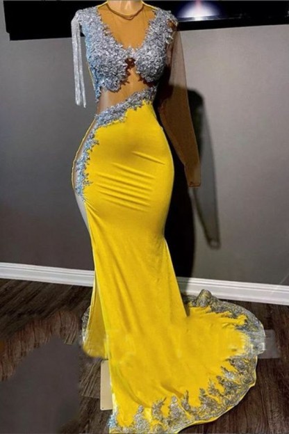 Bmbridal Yellow One Shoulder Long Sleeves Prom Dress Mermaid With Appliques
