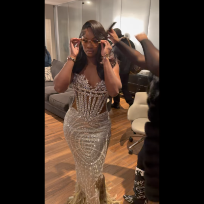 The Silver Goddess - 2026 Crystal Illusion Mermaid Gown: Sweetheart Neckline with Sheer Crystal Corset & Champagne Feather Cathedral Train