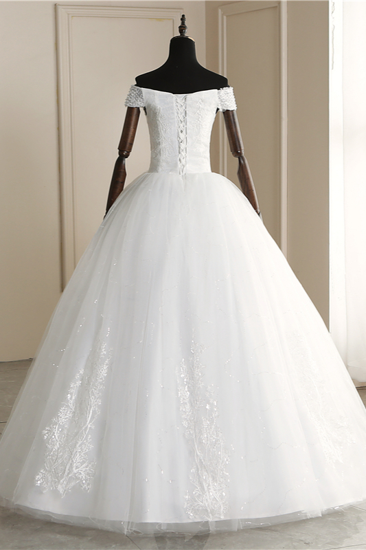 BMbridal Affordable Off-the Shoulder Sweetheart Tulle Wedding Dress Appliques Sleeveless Bridal Gowns with Pearls-BMbridal