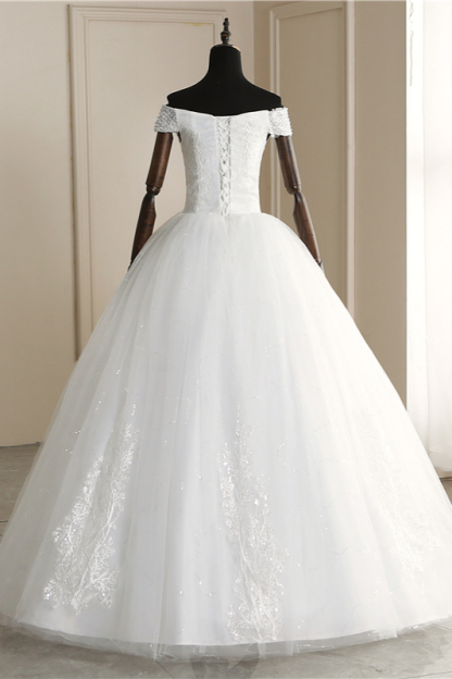 BMbridal Affordable Off-the Shoulder Sweetheart Tulle Wedding Dress Appliques Sleeveless Bridal Gowns with Pearls-BMbridal