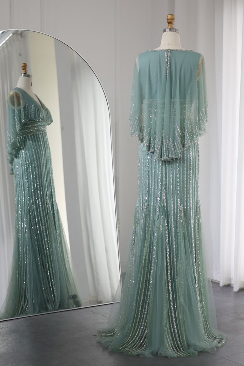 Bmbridal A-Line 3/4 Sleeve V-Neck Tulle Floor-Length Prom Dresses with Beadings