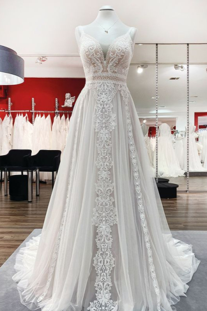 Stylish Open Back Ruffles Long A-Line Wedding Dresses with Lace Tulle
