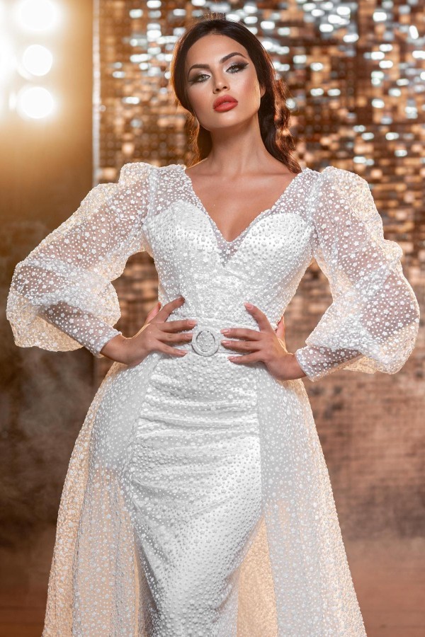 Bmbridal Short Sleeves Mermaid Slit Wedding Dress With Detachable Skirt-BMbridal