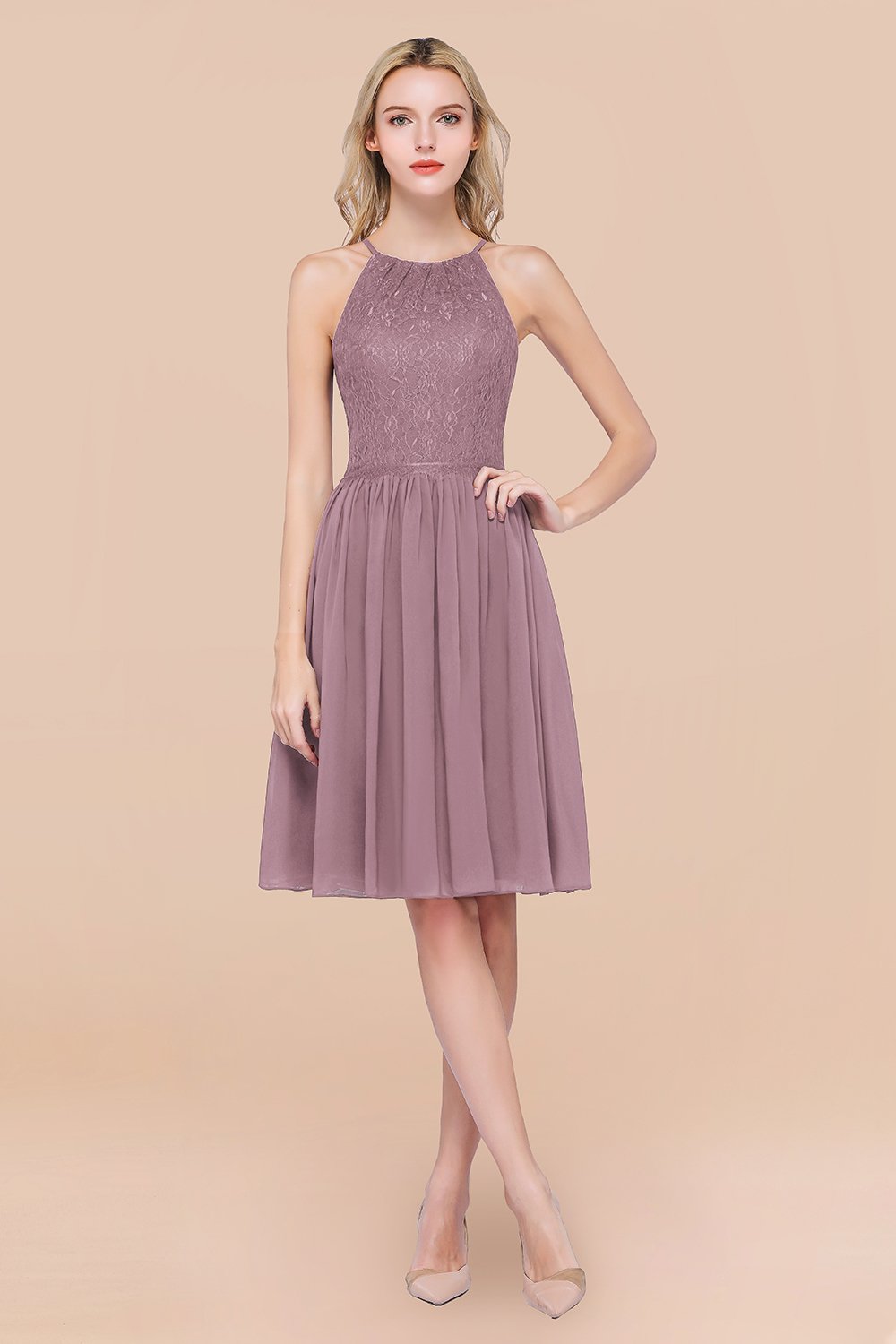 BMbridal Lovely Burgundy Lace Short Bridesmaid Dress With Spaghetti-Straps-BMbridal