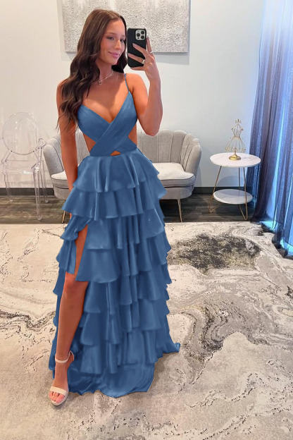 Spaghetti Strap Sleeveless Long Split Prom Dress With Ruffles
