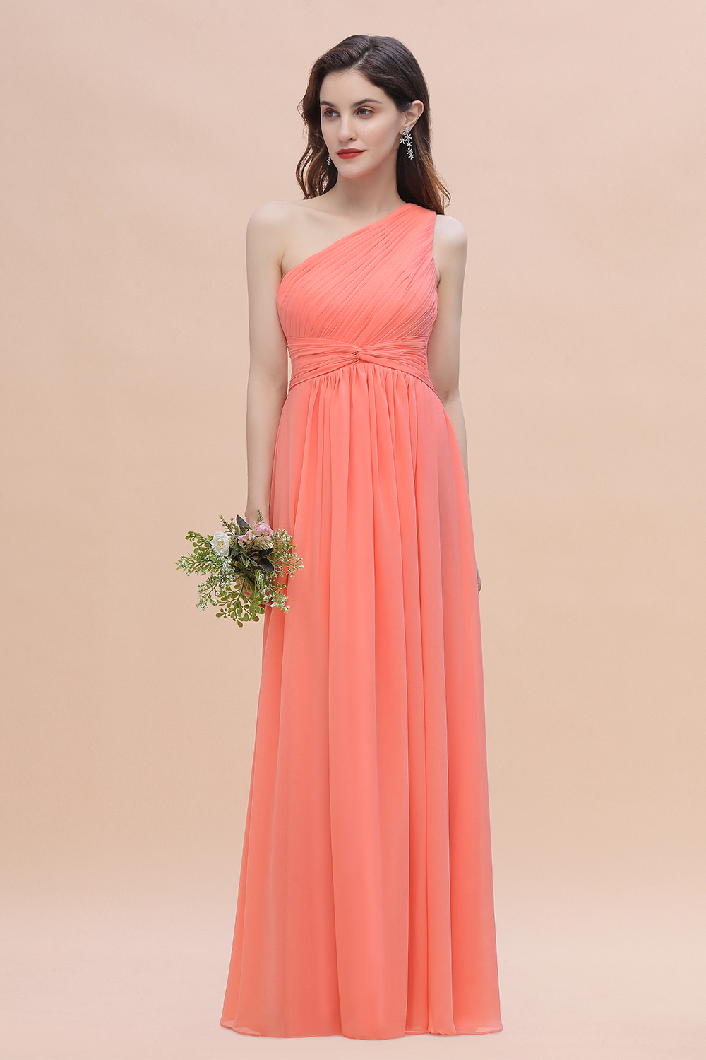 BMbridal Chic One-Shoulder Ruffles Chiffon Coral Bridesmaid Dresses On Sale-BMbridal