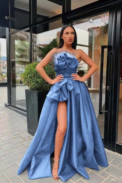 Strapless Sleeveless Long Black A Line Prom Dress High Split With Feather