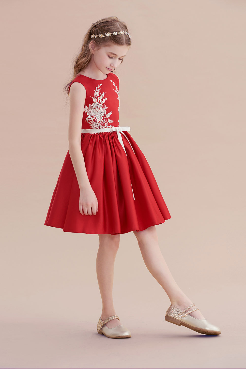 BMbridal A-Line Affordable Appliques Satin Flower Girl Dress Online-BMbridal
