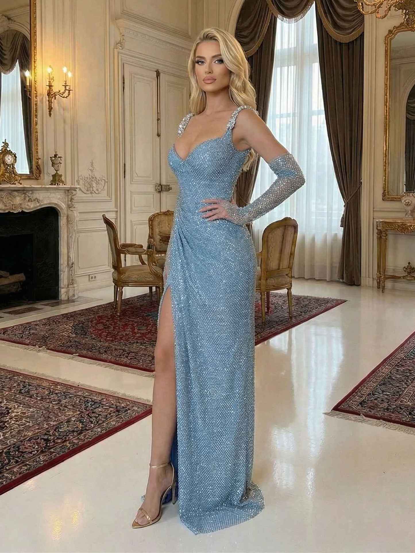 Light Blue Sequin Mermaid Matching Opera Gloves Long Prom Dress with Slit