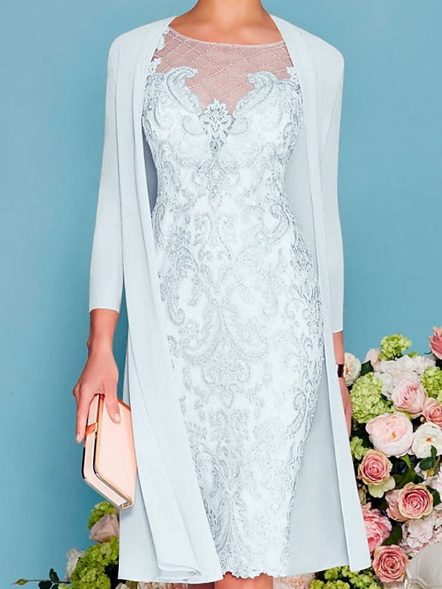 Long-Sleeve Knee-Length Sheath/Column Mother of the Bride Dress with Lace Beading Appliques-BMbridal
