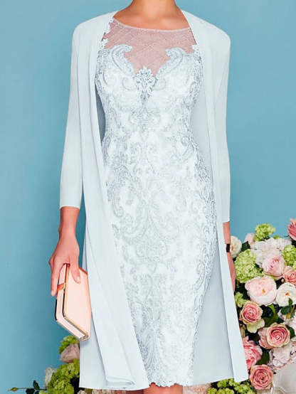Long-Sleeve Knee-Length Sheath/Column Mother of the Bride Dress with Lace Beading Appliques-BMbridal