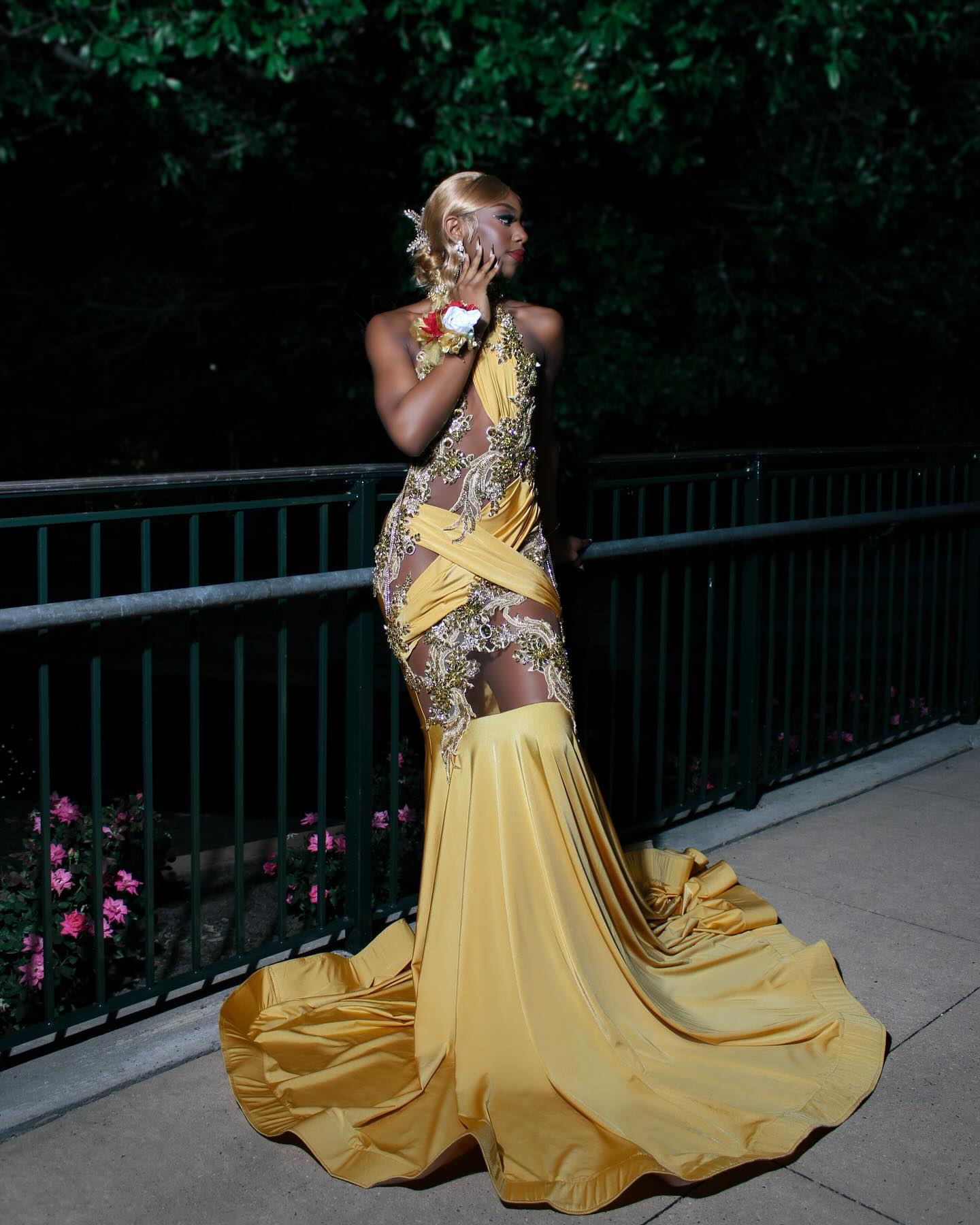 Regal Golden Yellow Mermaid Prom Dress with 3D Embroidery & Illusion Cut-outs – Asymmetrical One-Shoulder Back | Custom Made High-End Evening Gown