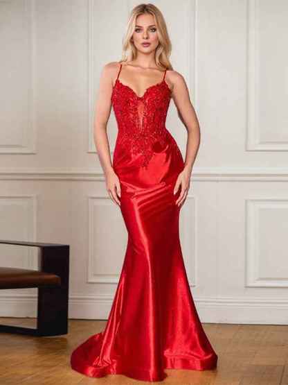 Sage Mermaid Spaghetti Straps Long Prom Dress With Appliques