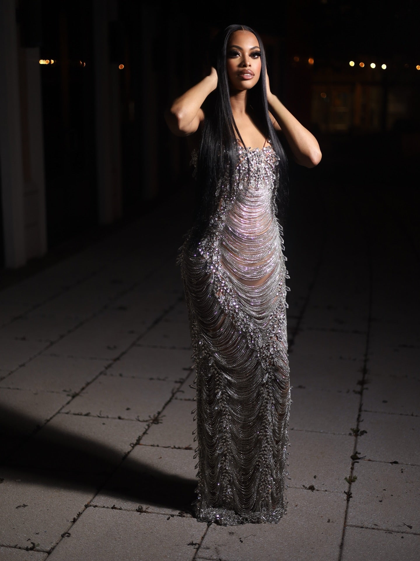 The Diamond Empress - 2026 Luxury Silver Crystal Fringe Illusion Mermaid Gown: Strapless Sweetheart with Crystal Chain Draping, Sheer Bodice & Sweep Train