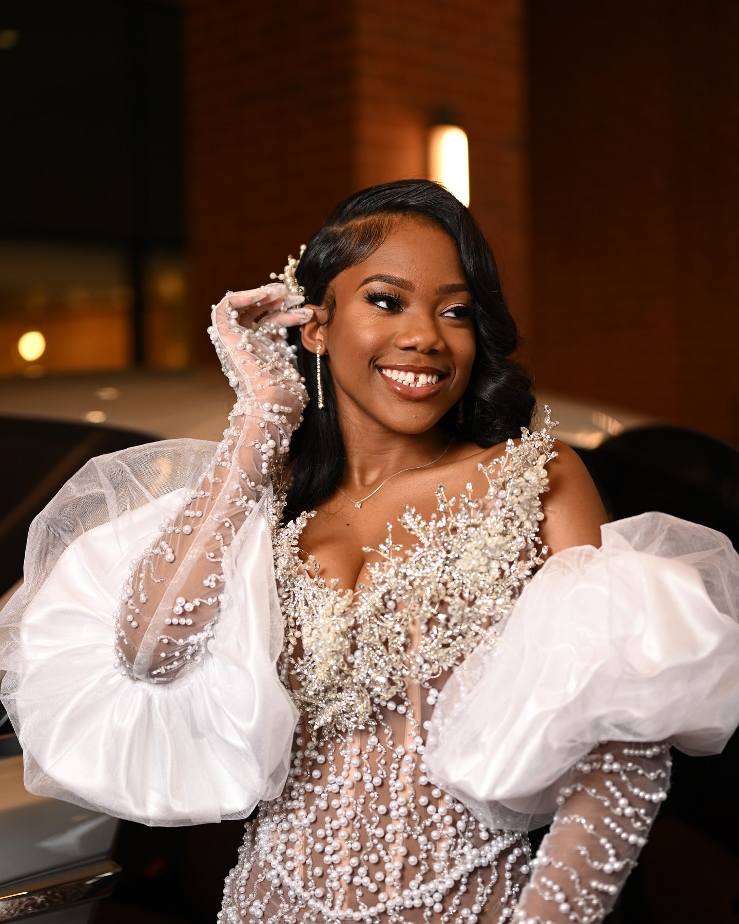 Silver Dream - Crystal Beaded Prom Dress with Dramatic Puff Sleeves