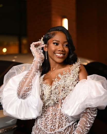 Silver Dream - Crystal Beaded Prom Dress with Dramatic Puff Sleeves