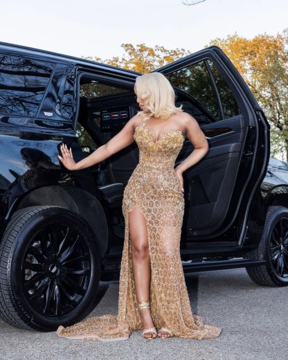 Champagne Star - Crystal Beaded Prom Dress with 3D Florals & High Slit