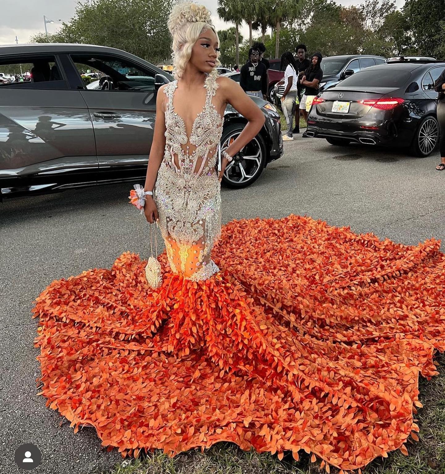Orange Flame - Crystal Beaded Prom Dress with Massive 3D Petal Train